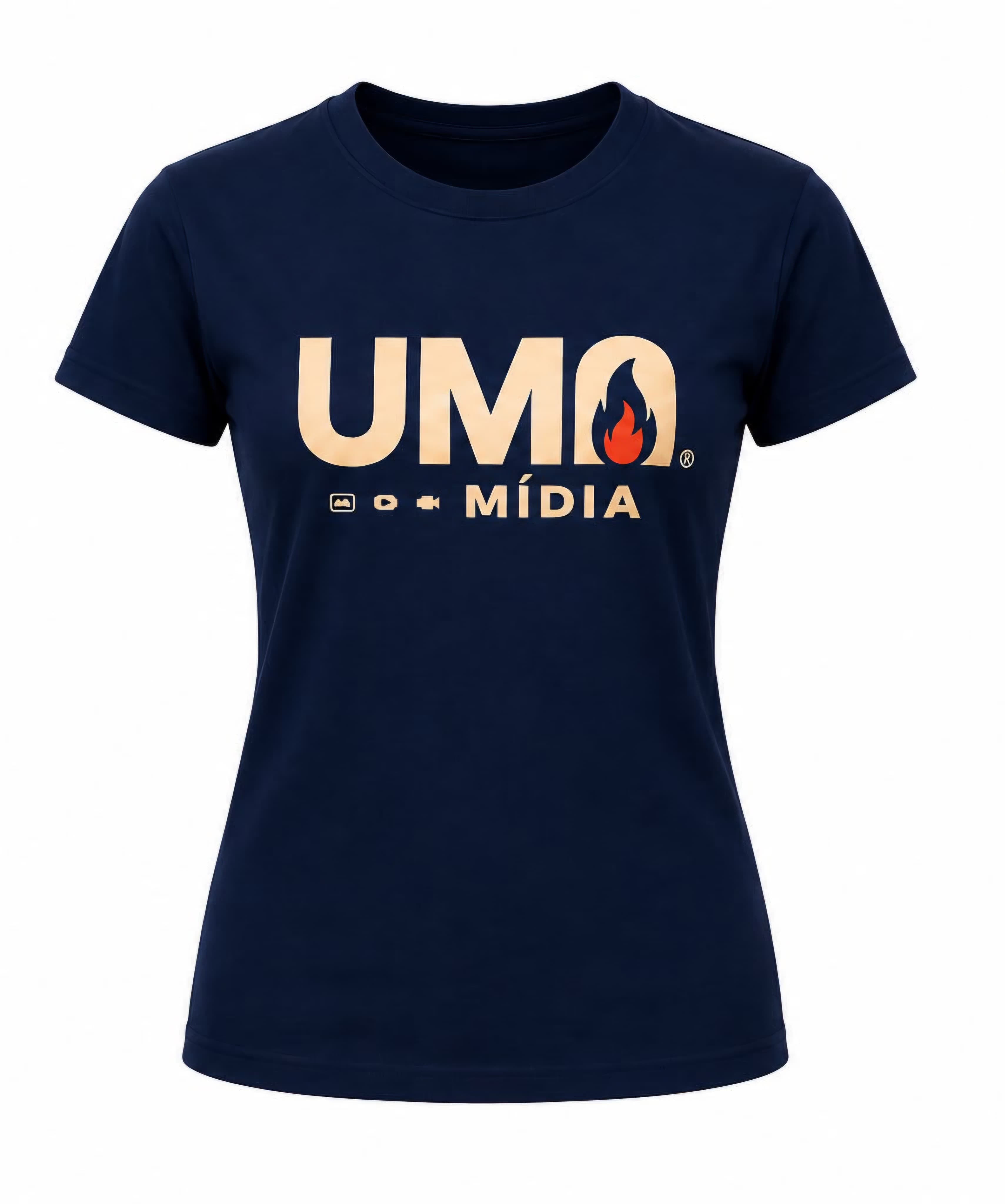 Camiseta babylook azul marinho com estampa UMA Mídia na frente