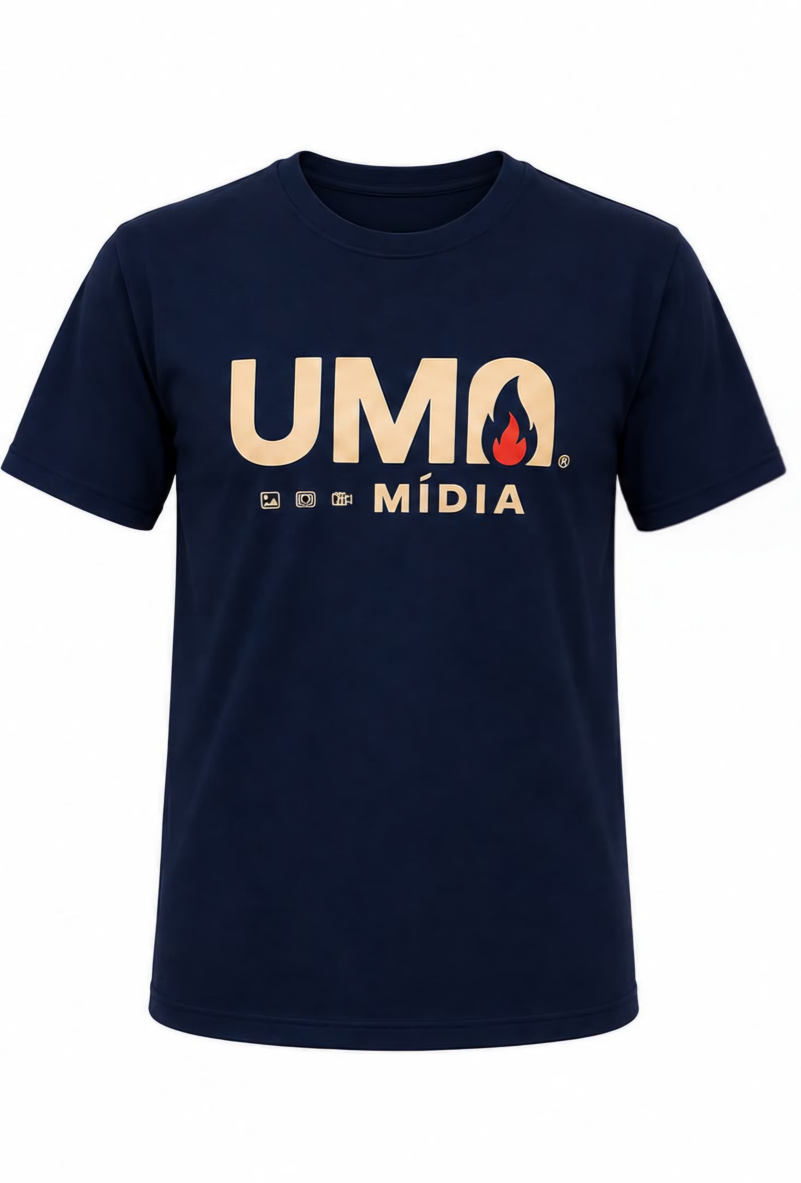 Camiseta azul marinho com estampa UMA Mídia na frente